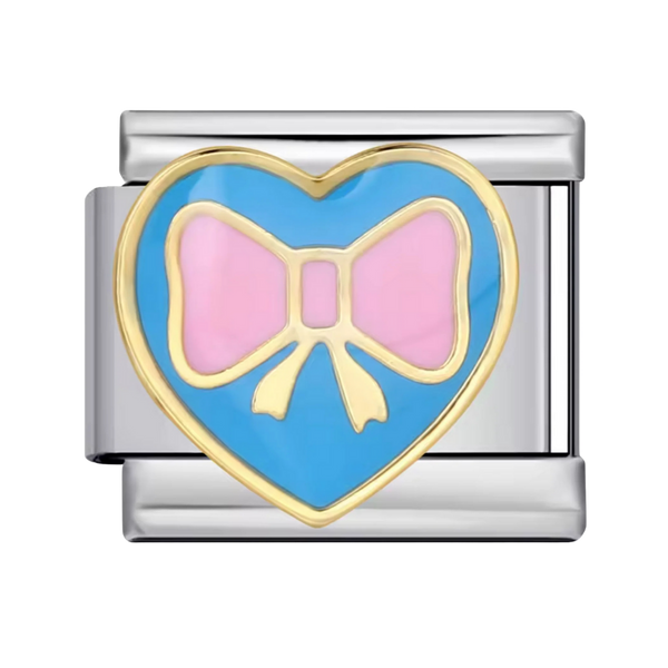 Silver Blue Heart with Pink Bow Charm