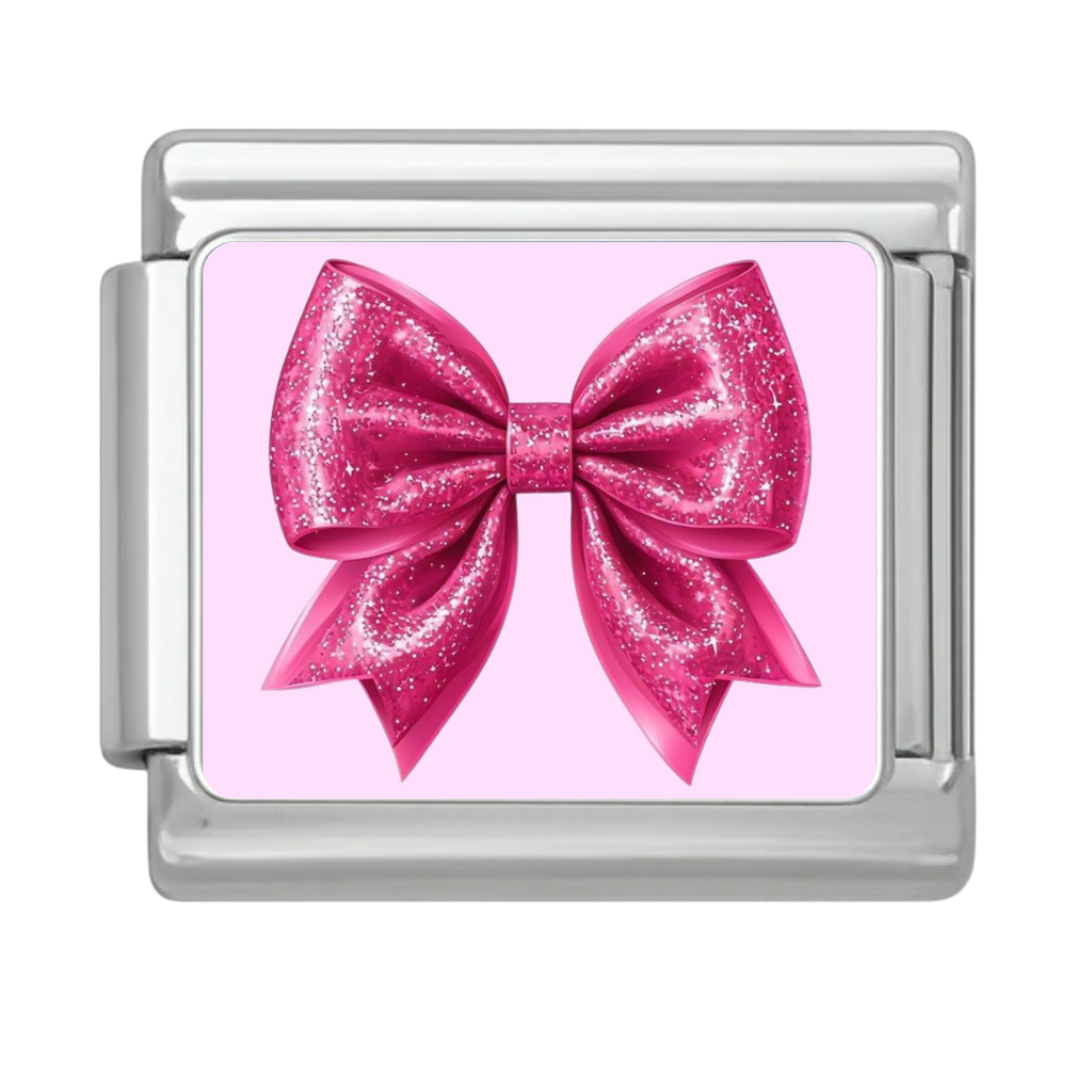 Pink Glitter Bow Charm - Silver