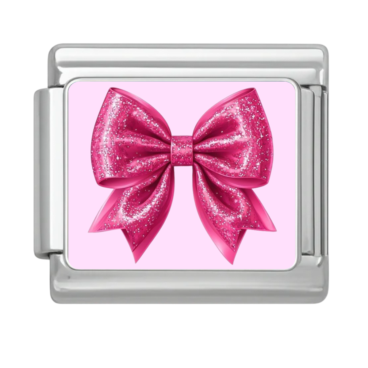 Pink Glitter Bow Charm - Silver