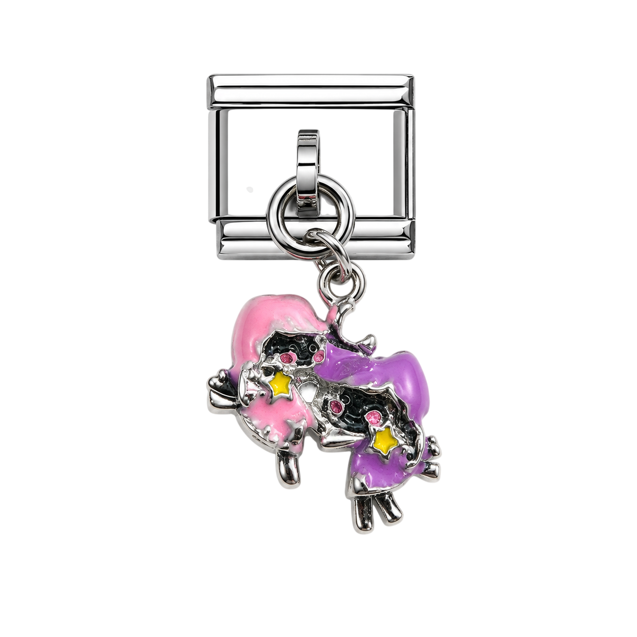 Cute Twin Moon Friends Dangle Silver Charm