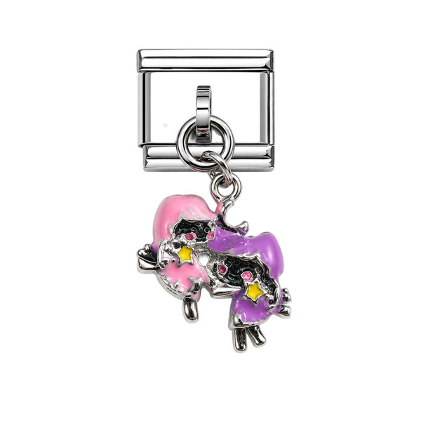 Cute Twin Moon Friends Dangle Silver Charm