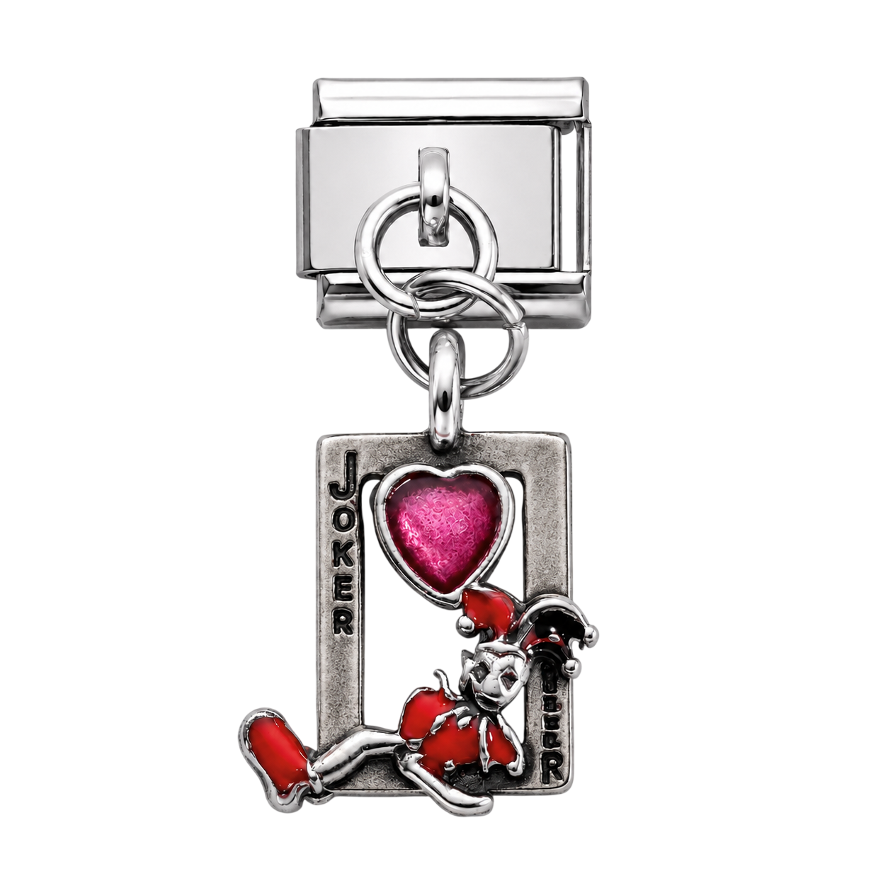 Joker Playing Card with Heart Crystal Dangle Silver Charm