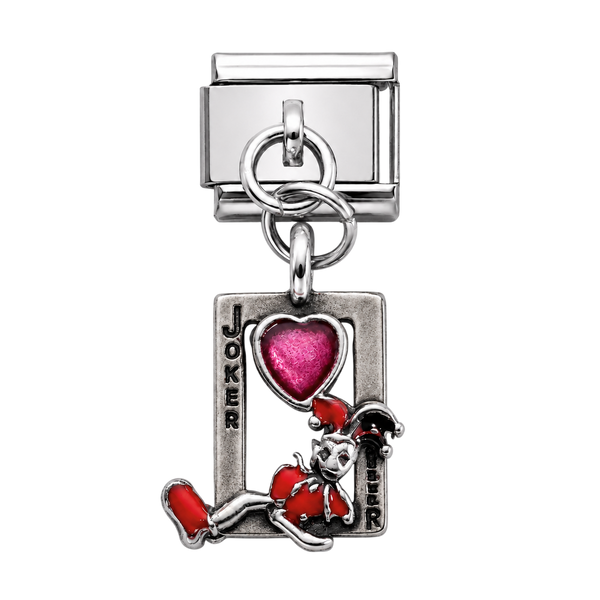 Joker Playing Card with Heart Crystal Dangle Silver Charm